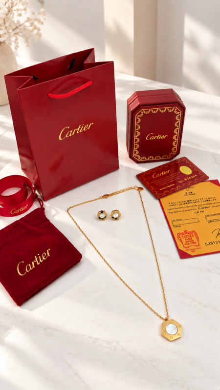 طقم اكسسوار كارتيير / CARTIER 004 سنسال وحلق شامل العلبة والملحقات الاصليه